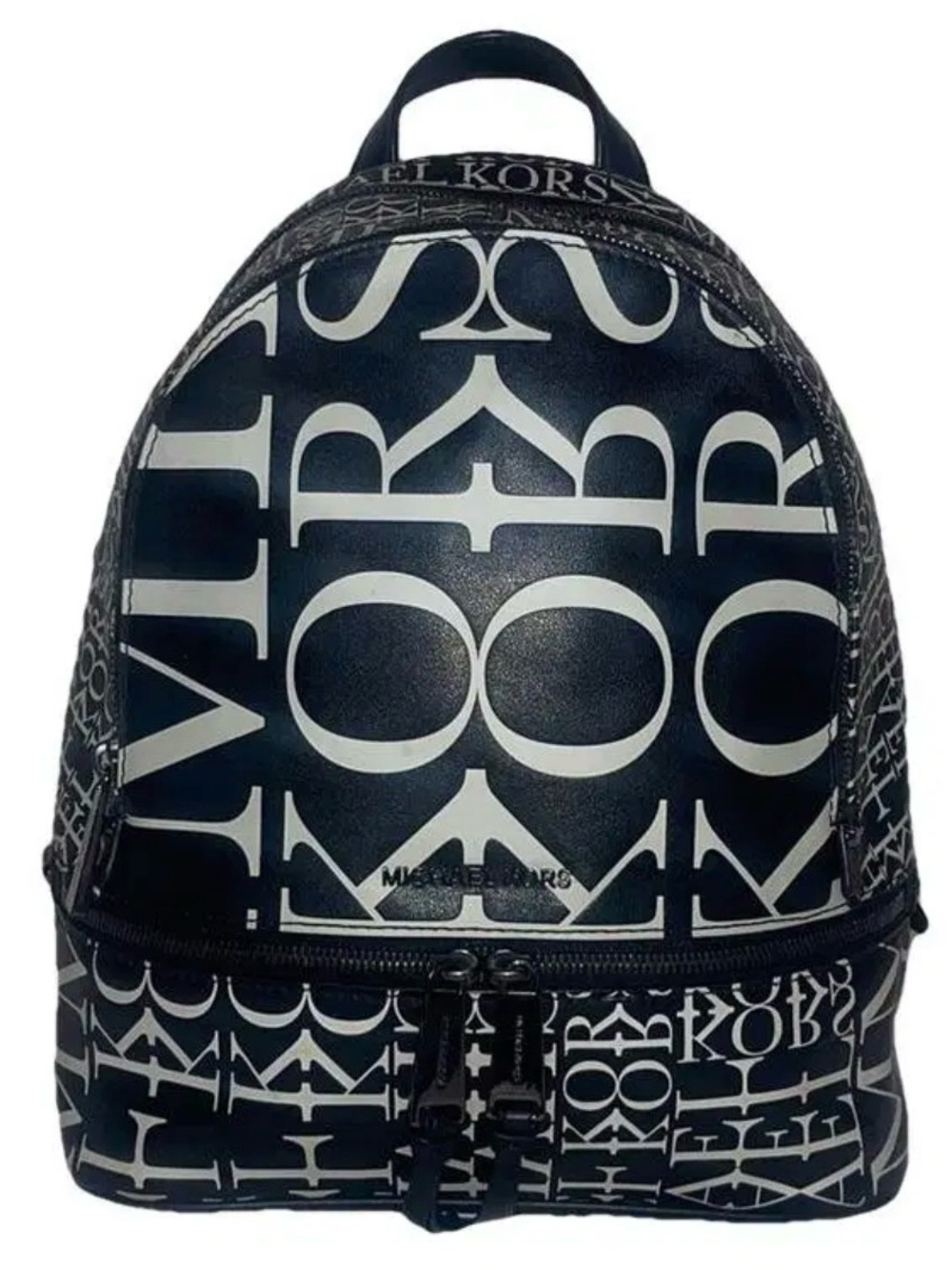 Michael Kors Rhea Medium Leather Backpack Graphic Logo Black White Streetwear